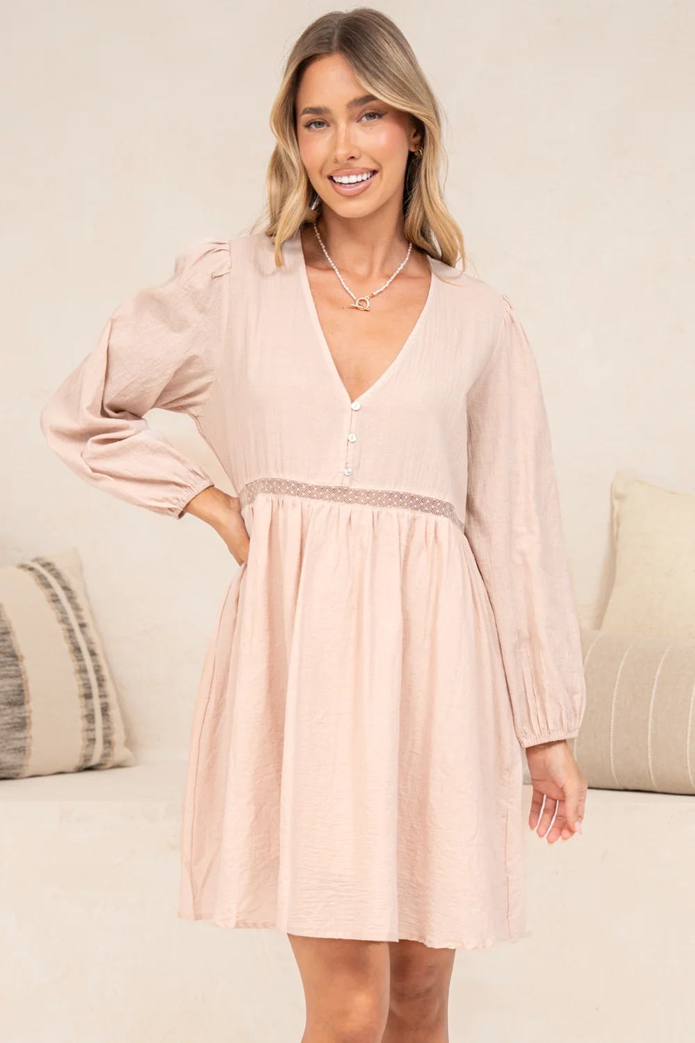 Liana mini dress in blush pink with crochet trim waist and balloon sleeves
