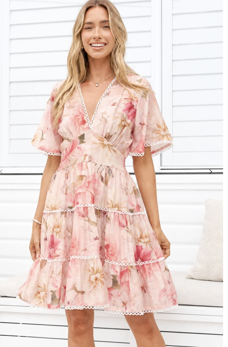 Marion Mini Dress in Lucy Print – pink floral Melbourne Cup dress