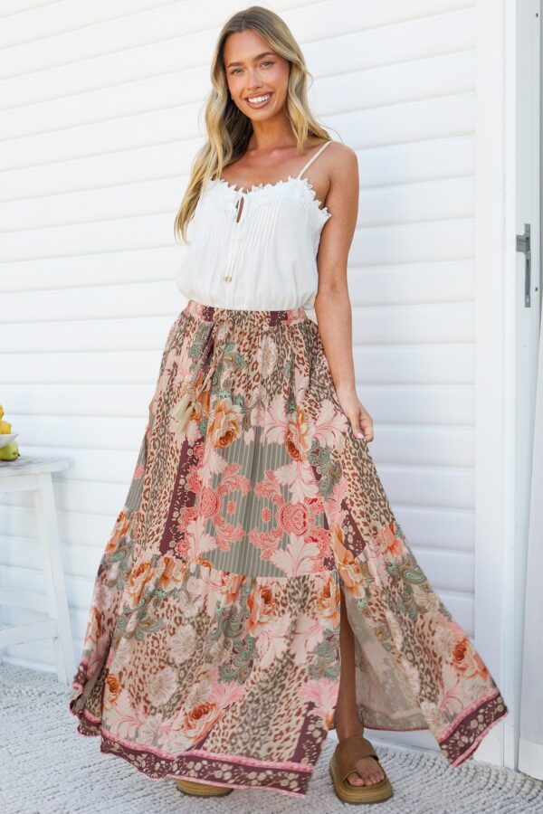 Zia Maxi Skirt - High Waisted Skirt with Tassel Waist Tie and Front Splits in Frannie Print